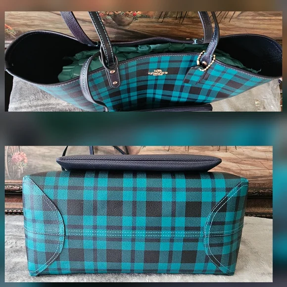 Coach Reversible City Tote In Riley Plaid/Blue With Pouch - Picture 6 of 10